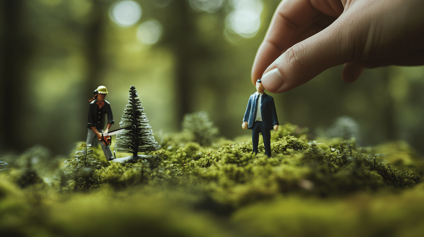 Image showing miniature forest scene with toy-like lumberjack cutting a tree and a hand placing a suited figure on moss, representing a board game set in the forest