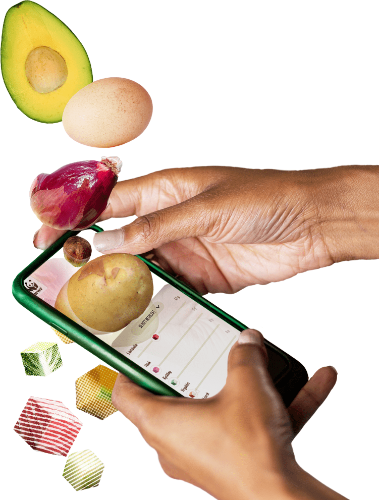 Hands holding a mobile phone showing the WWF food calculator web app. Raw materials travel through the phone and become illustrated cubes that resemble the raw material.